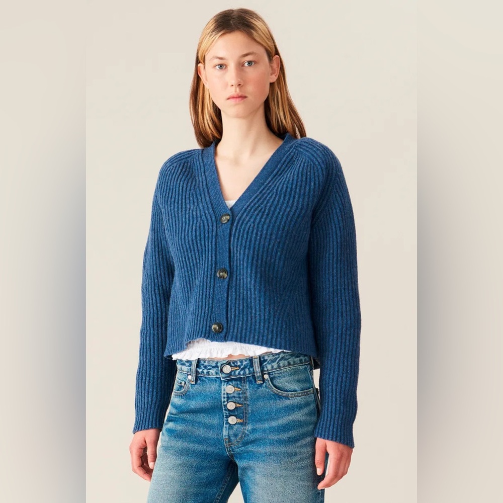 Ganni Rib Knit Cardigan Dutch Blue Boxy Wool Cropped Sweater XS